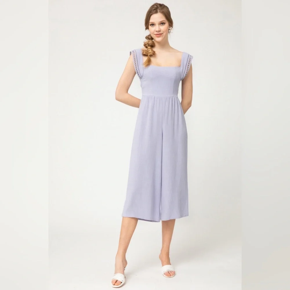Entro | Layla Solid Smocked Cropped Jumpsuit Crochet Lilac Linen Purple Large - Picture 3 of 13